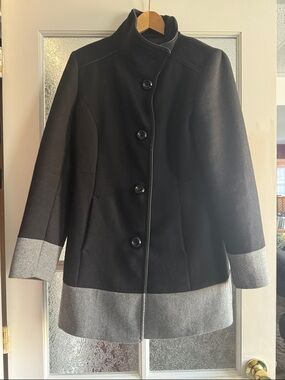 Womens Black Pea Coat with Gray Contrast Hem & Cuffs